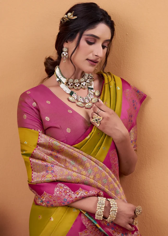 Mustard Yellow and Rani Pink Banarasi Silk Saree