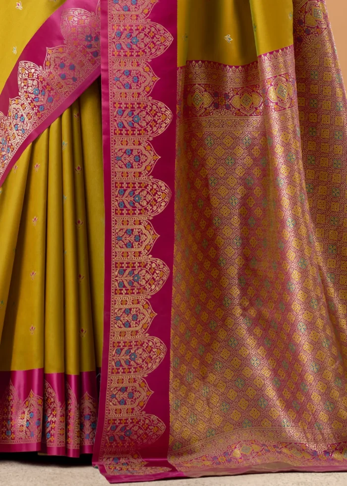 Mustard Yellow and Rani Pink Banarasi Silk Saree