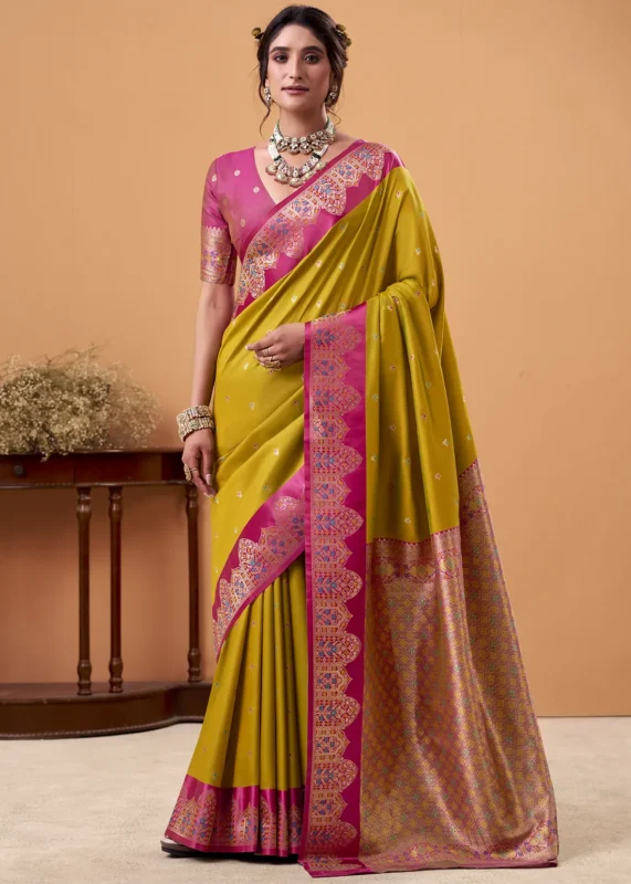Mustard Yellow and Rani Pink Banarasi Silk Saree