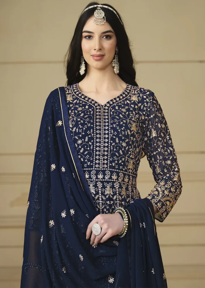 Navy Blue Embroidered Georgette Anarkali Gown