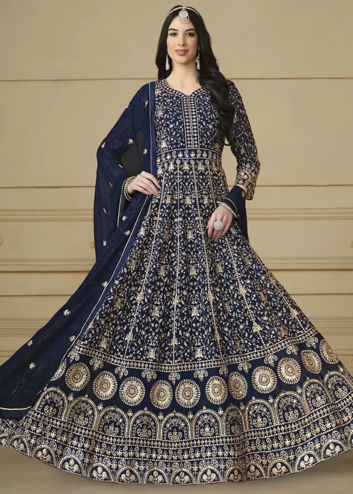Navy Blue Embroidered Georgette Anarkali Gown