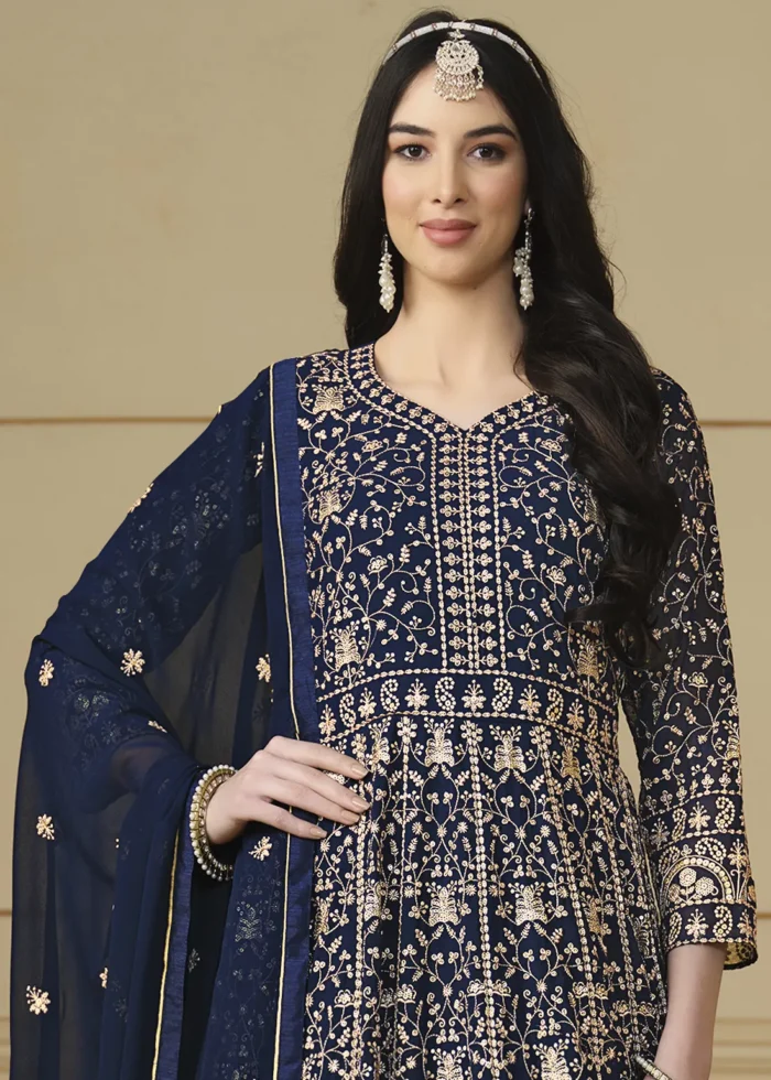 Navy Blue Embroidered Georgette Anarkali Gown