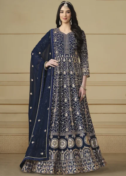 Navy Blue Embroidered Georgette Anarkali Gown