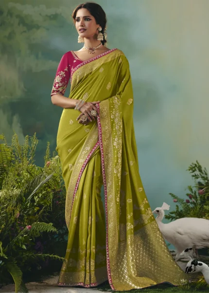 Olive Green Banarasi Dola Silk Saree