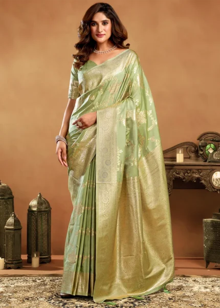 Pastel Green Banarasi Silk Saree with Golden Zari Weaving