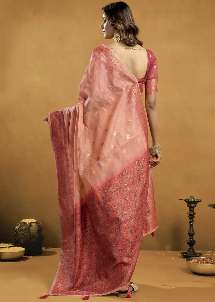 Peach Linen Saree with Meenakari & Zari Weaving
