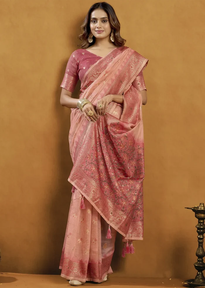 Peach Linen Saree with Meenakari & Zari Weaving