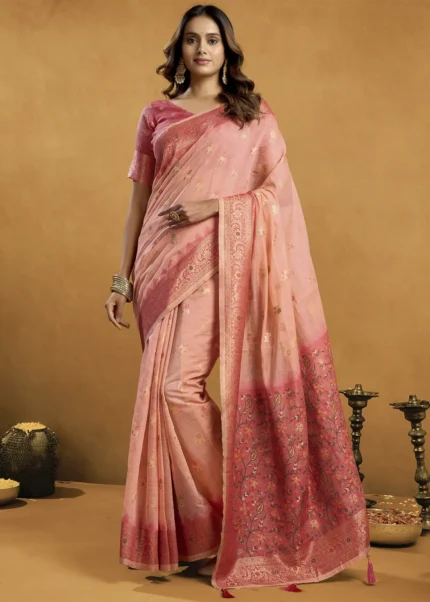 Peach Linen Saree with Meenakari & Zari Weaving