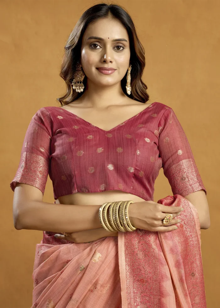 Peach Linen Saree with Meenakari & Zari Weaving