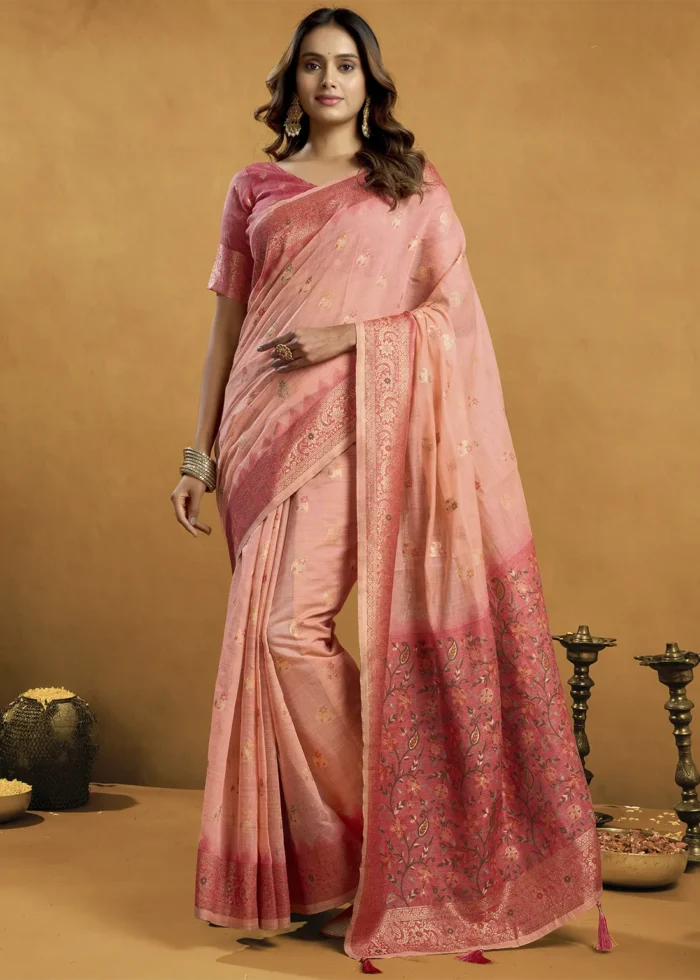 Peach Linen Saree with Meenakari & Zari Weaving