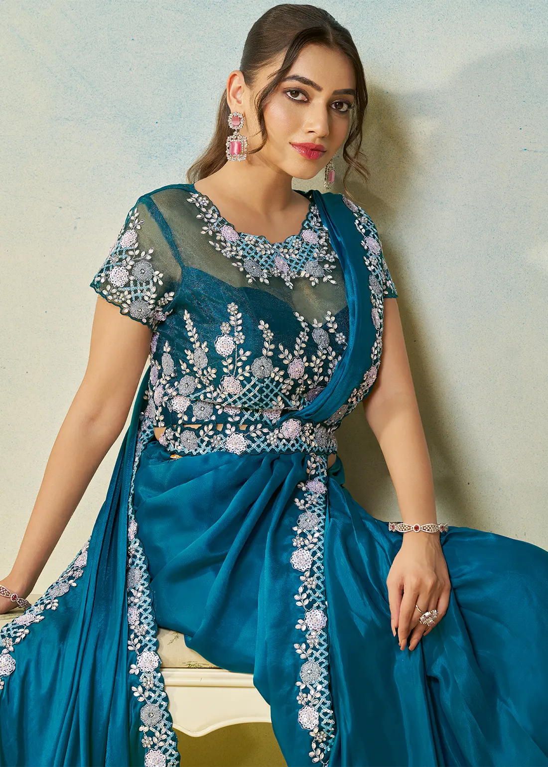 Peacock Blue Ready to Wear Designer Saree Peacock Blue Ready to Wear Designer Saree