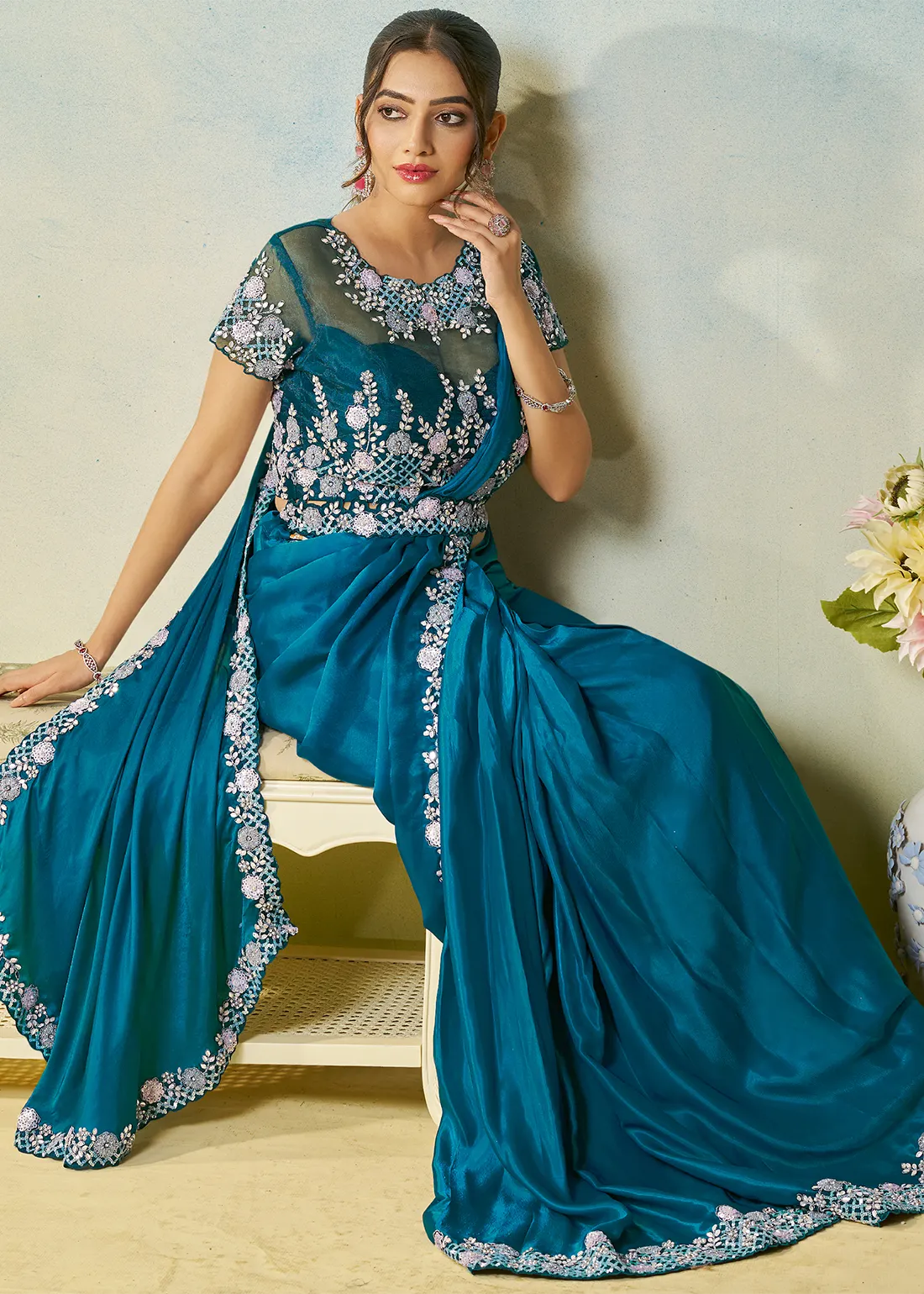 Peacock Blue Ready to Wear Designer Saree Peacock Blue Ready to Wear Designer Saree