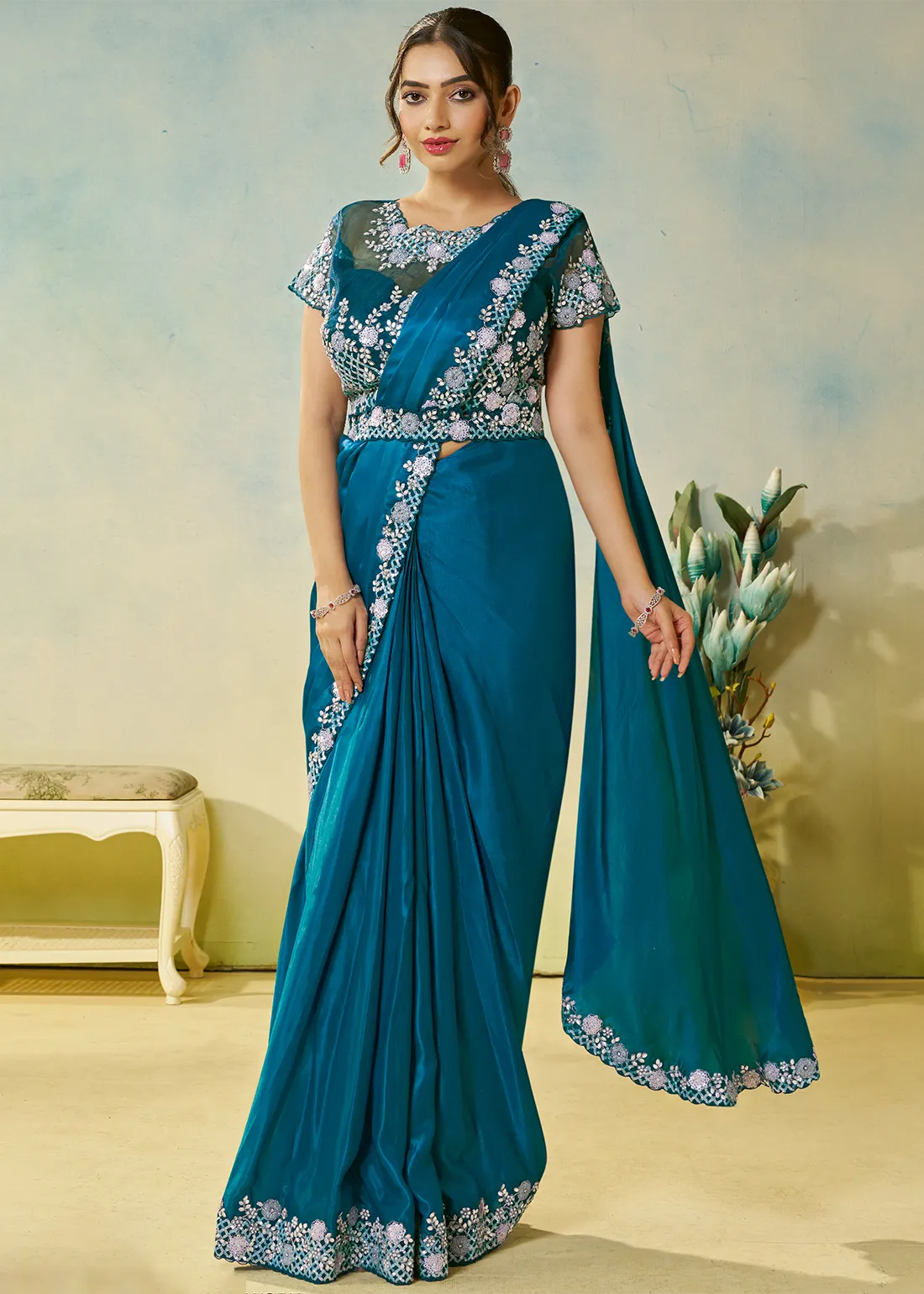 Peacock Blue Ready to Wear Designer Saree Peacock Blue Ready to Wear Designer Saree