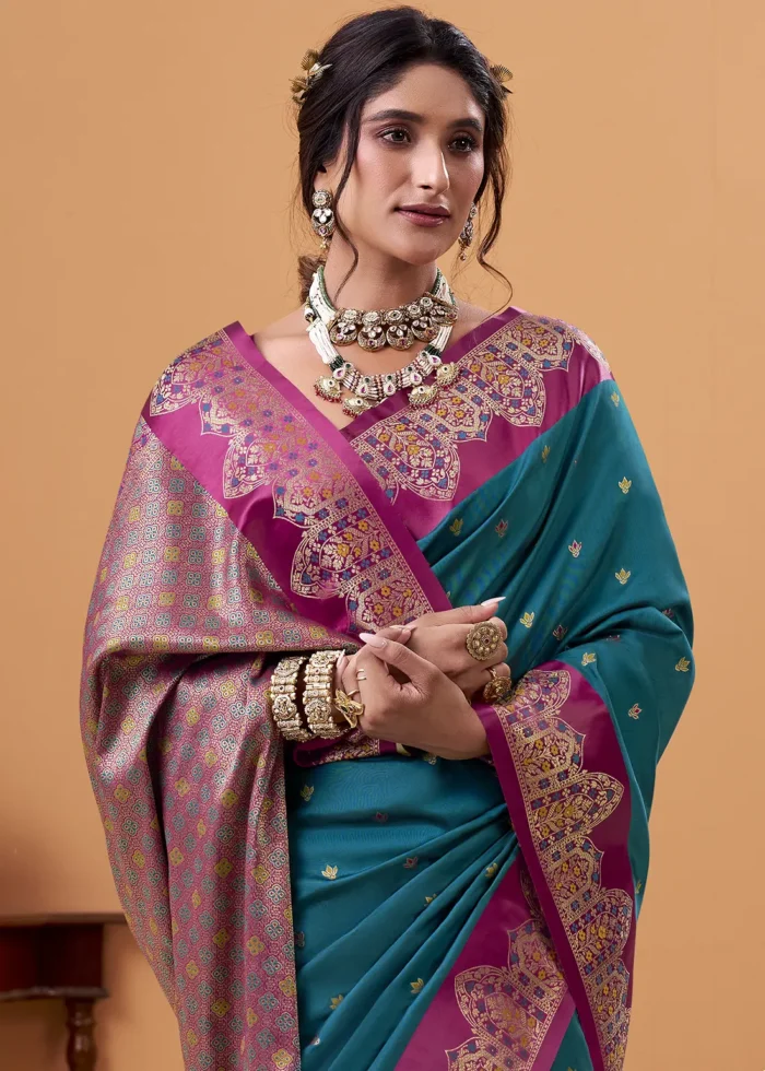 Peacock Blue and Magenta Banarasi Silk Saree