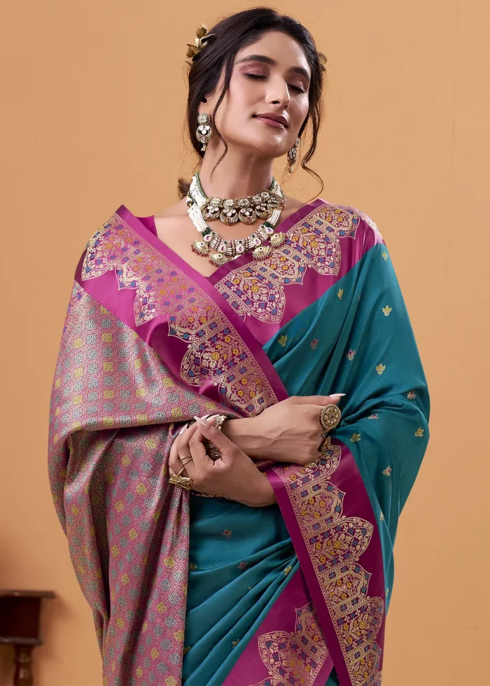 Peacock Blue and Magenta Banarasi Silk Saree