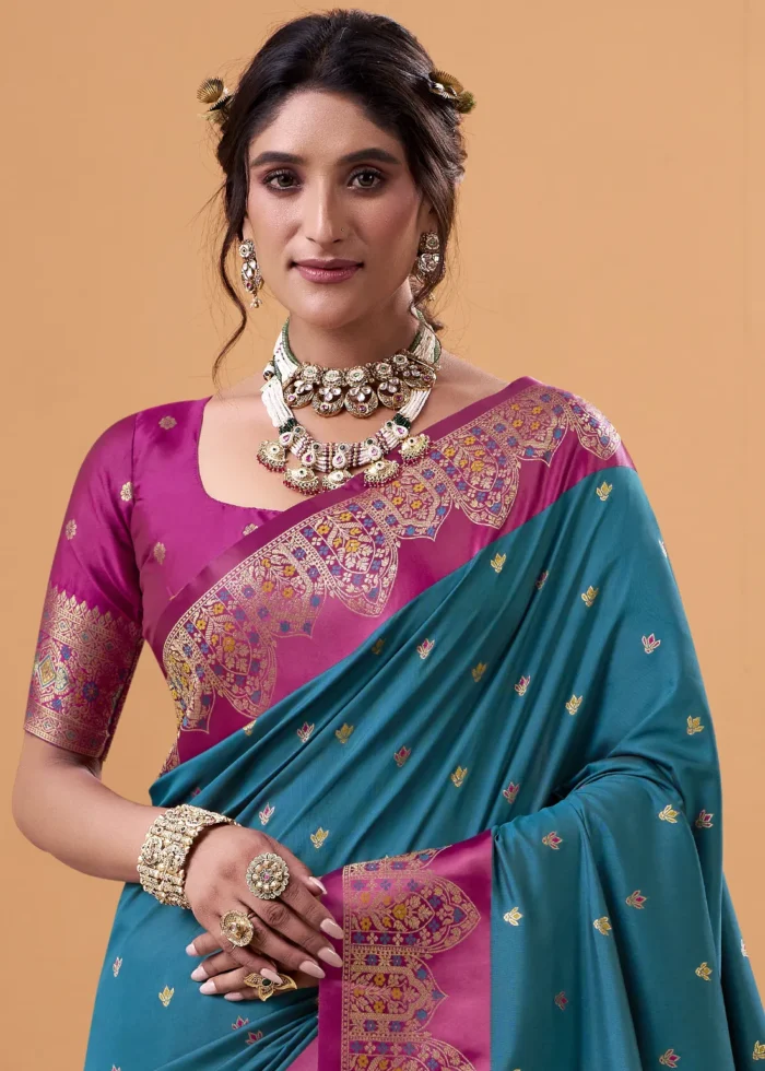 Peacock Blue and Magenta Banarasi Silk Saree