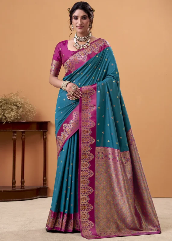 Peacock Blue and Magenta Banarasi Silk Saree