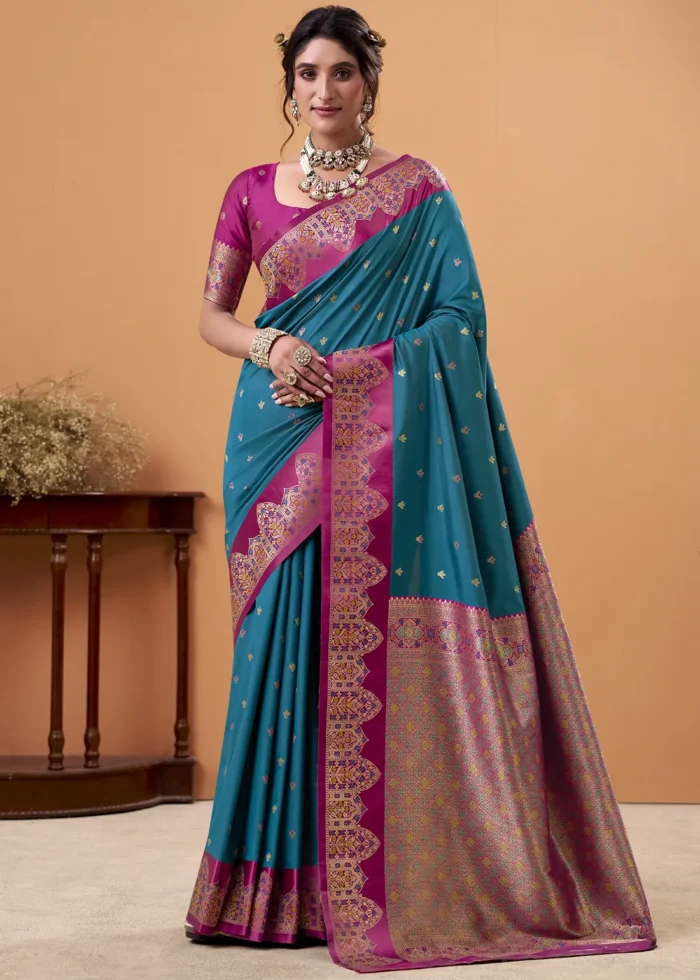 Peacock Blue and Magenta Banarasi Silk Saree