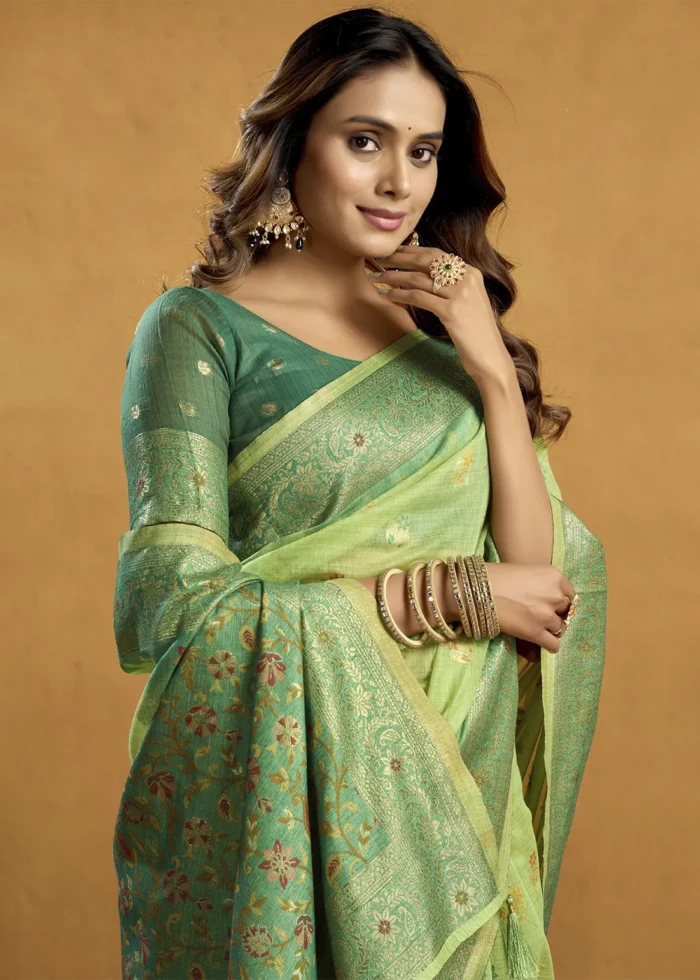 Pista Green Linen Saree with Meenakari & Zari Weaving