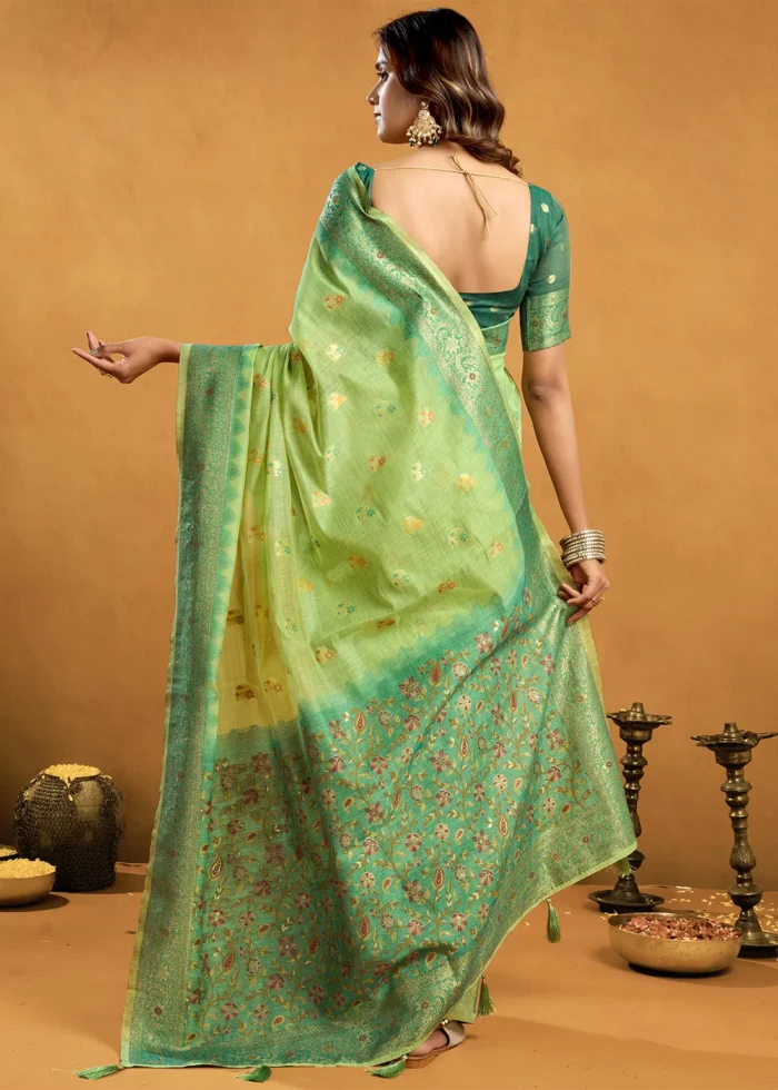 Pista Green Linen Saree with Meenakari & Zari Weaving