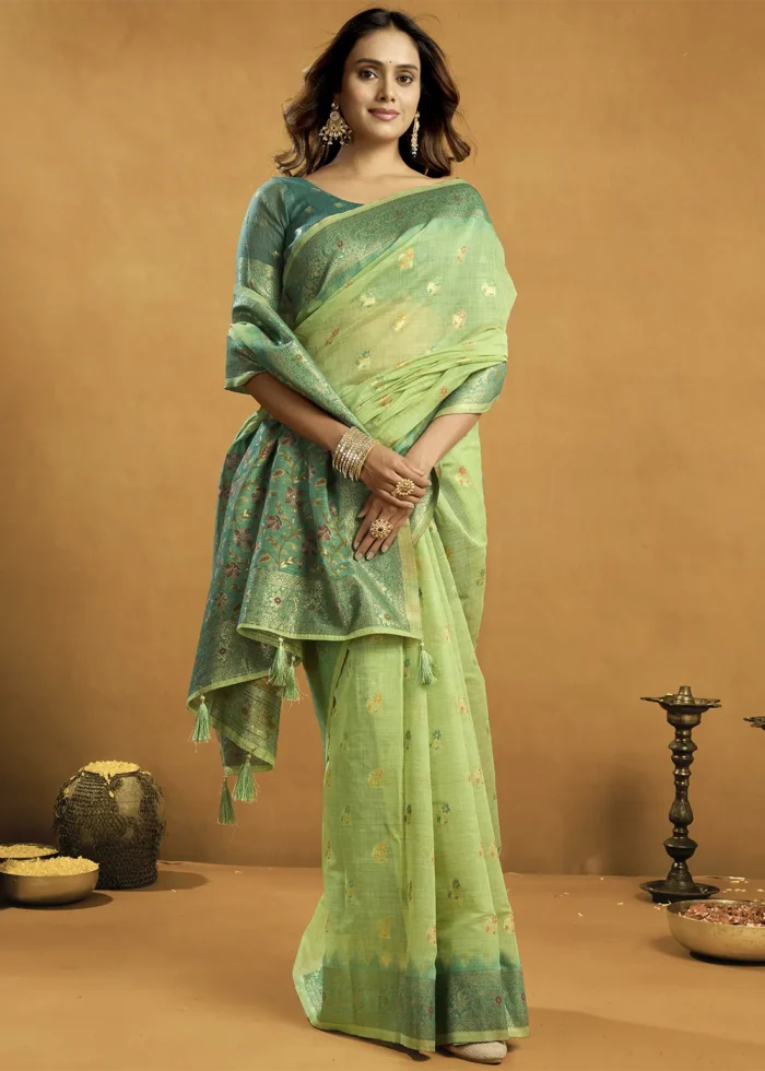 Pista Green Linen Saree with Meenakari & Zari Weaving