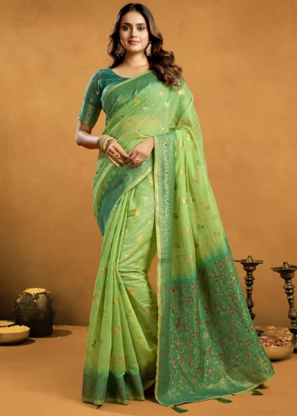 Pista Green Linen Saree with Meenakari & Zari Weaving