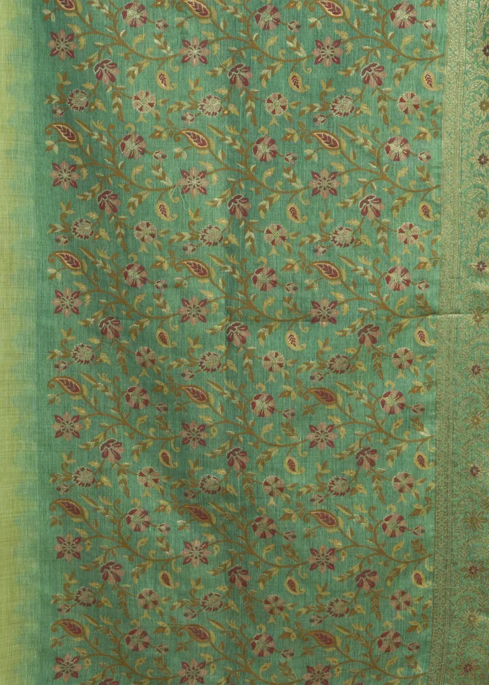 Pista Green Linen Saree with Meenakari & Zari Weaving