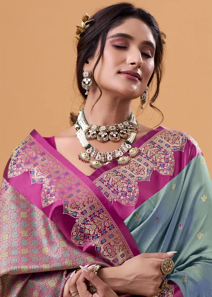 Porpoise Blue and Magenta Banarasi Silk Saree