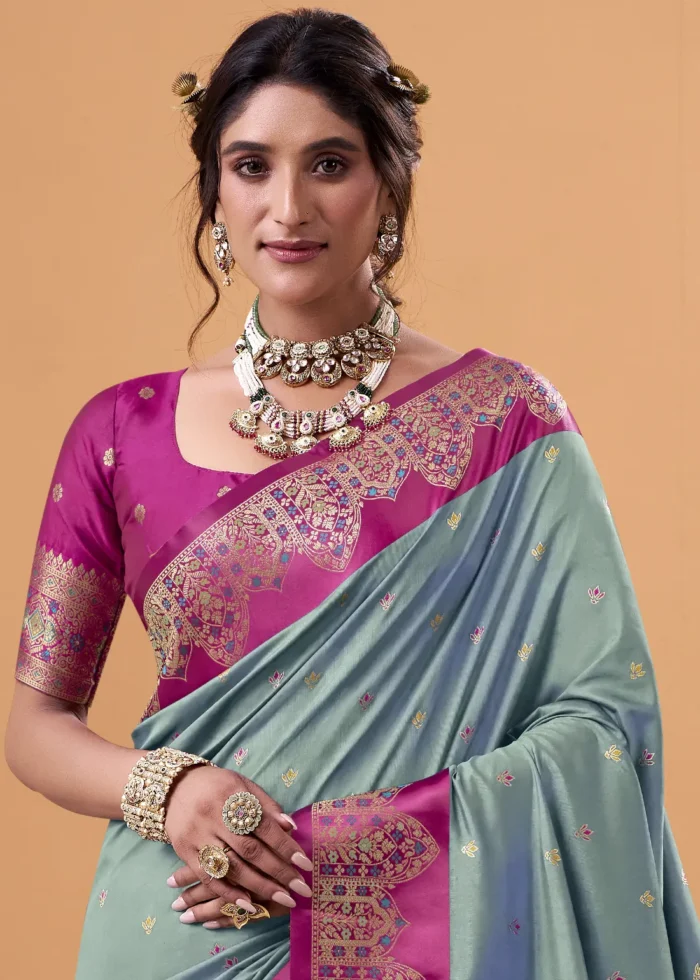 Porpoise Blue and Magenta Banarasi Silk Saree