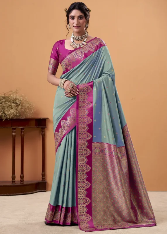 Porpoise Blue and Magenta Banarasi Silk Saree