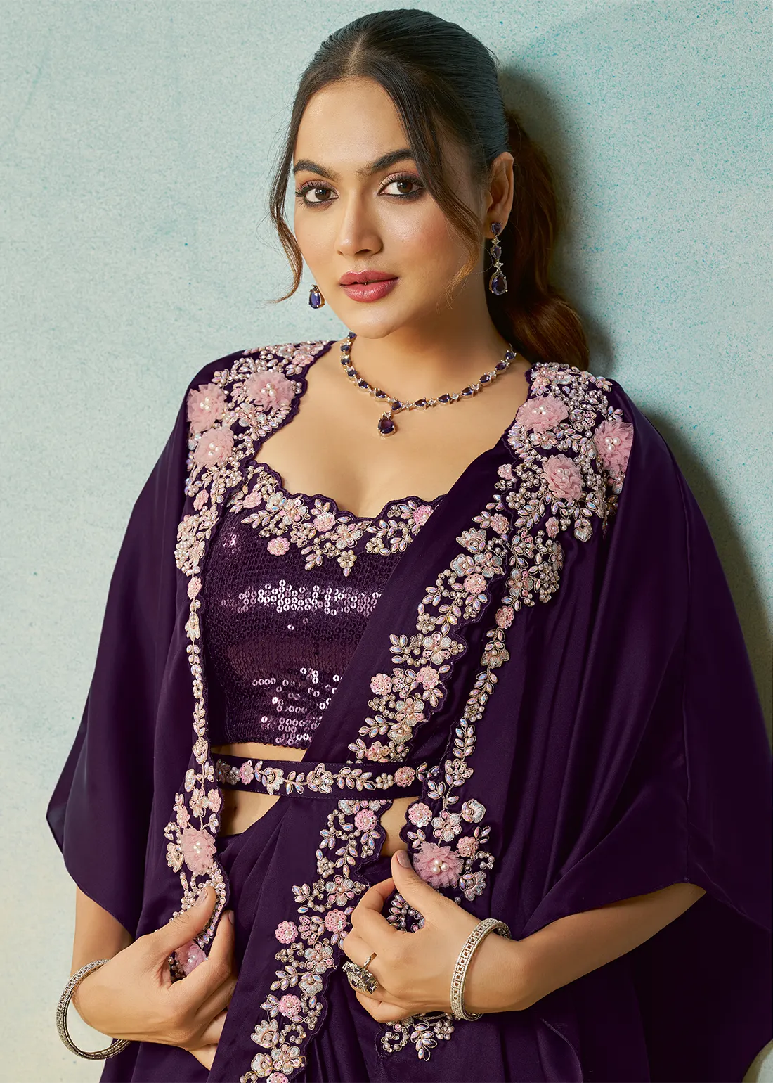 Purple Ready to Wear Designer Saree with Shrug Purple Ready to Wear Designer Saree with Shrug