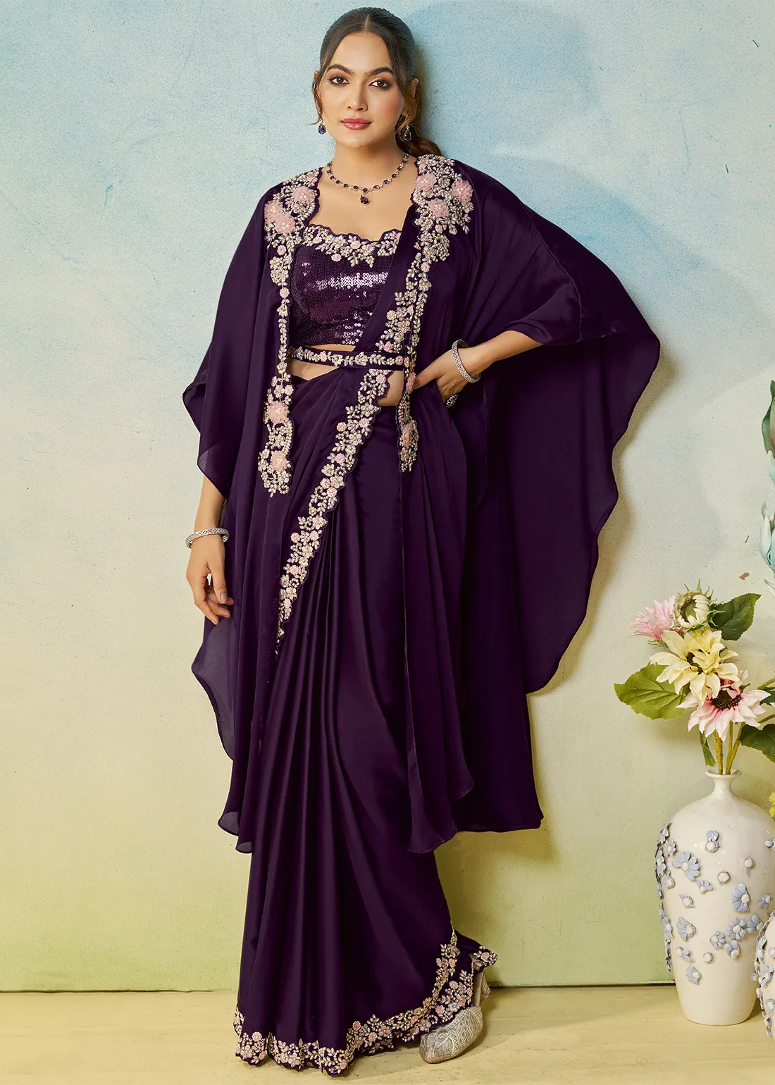 Purple Ready to Wear Designer Saree with Shrug Purple Ready to Wear Designer Saree with Shrug