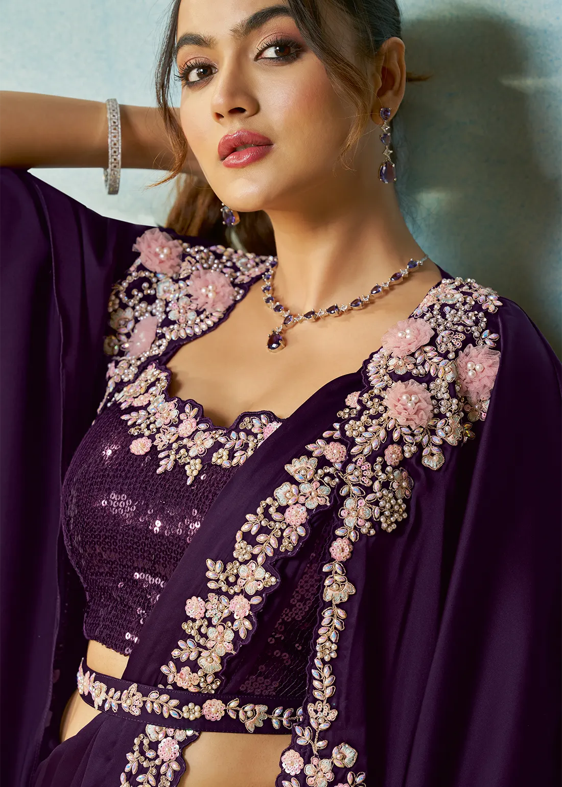 Purple Ready to Wear Designer Saree with Shrug Purple Ready to Wear Designer Saree with Shrug