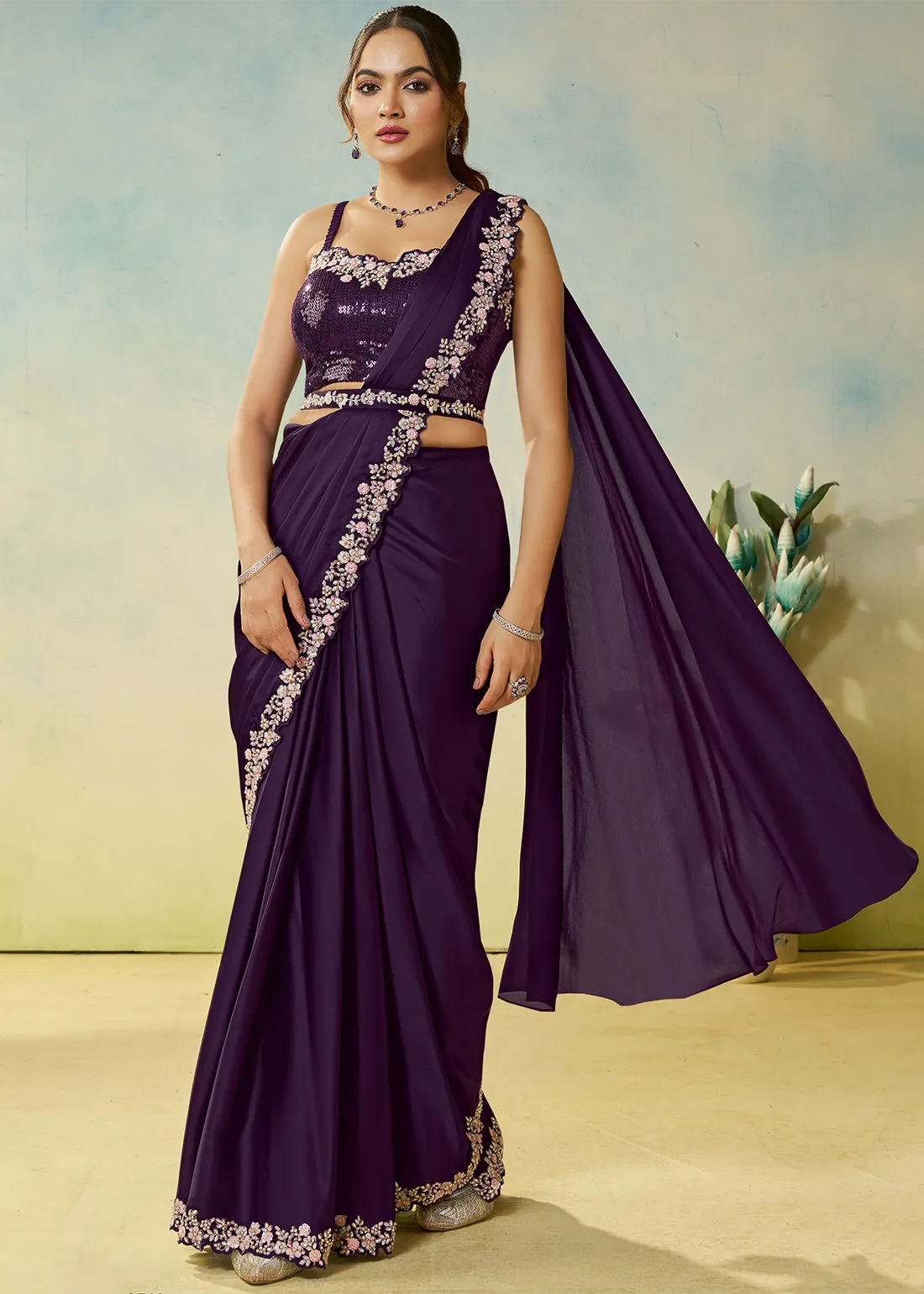 Purple Ready to Wear Designer Saree with Shrug Purple Ready to Wear Designer Saree with Shrug