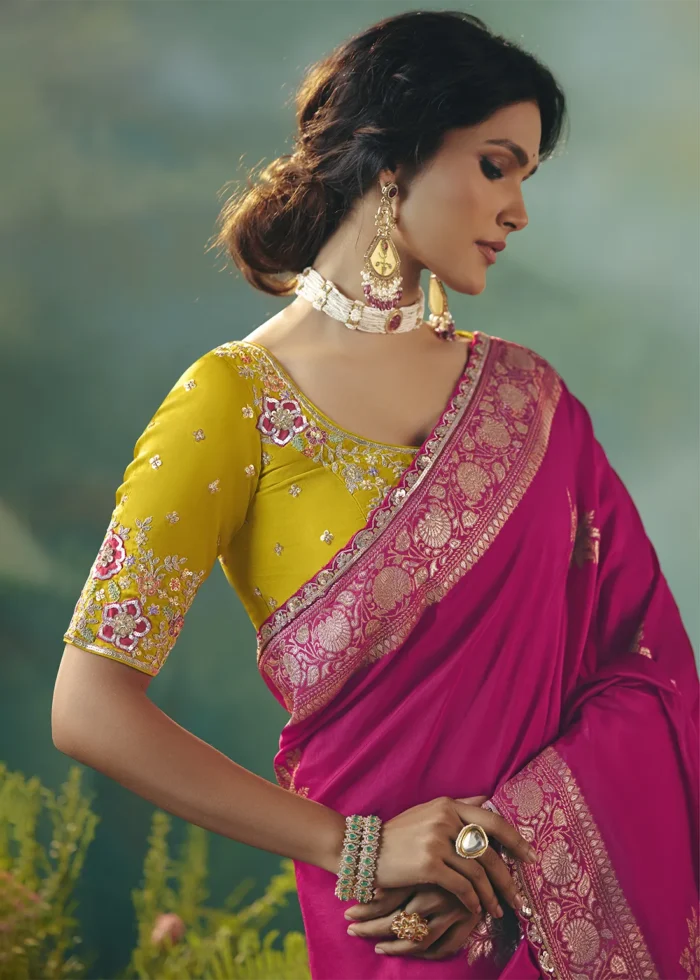 Rani Pink Banarasi Dola Silk Saree with Embroidered Blouse