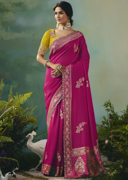 Rani Pink Banarasi Dola Silk Saree with Embroidered Blouse
