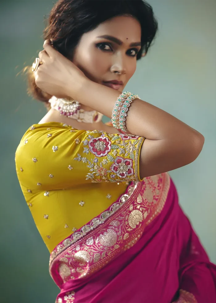 Rani Pink Banarasi Dola Silk Saree with Embroidered Blouse