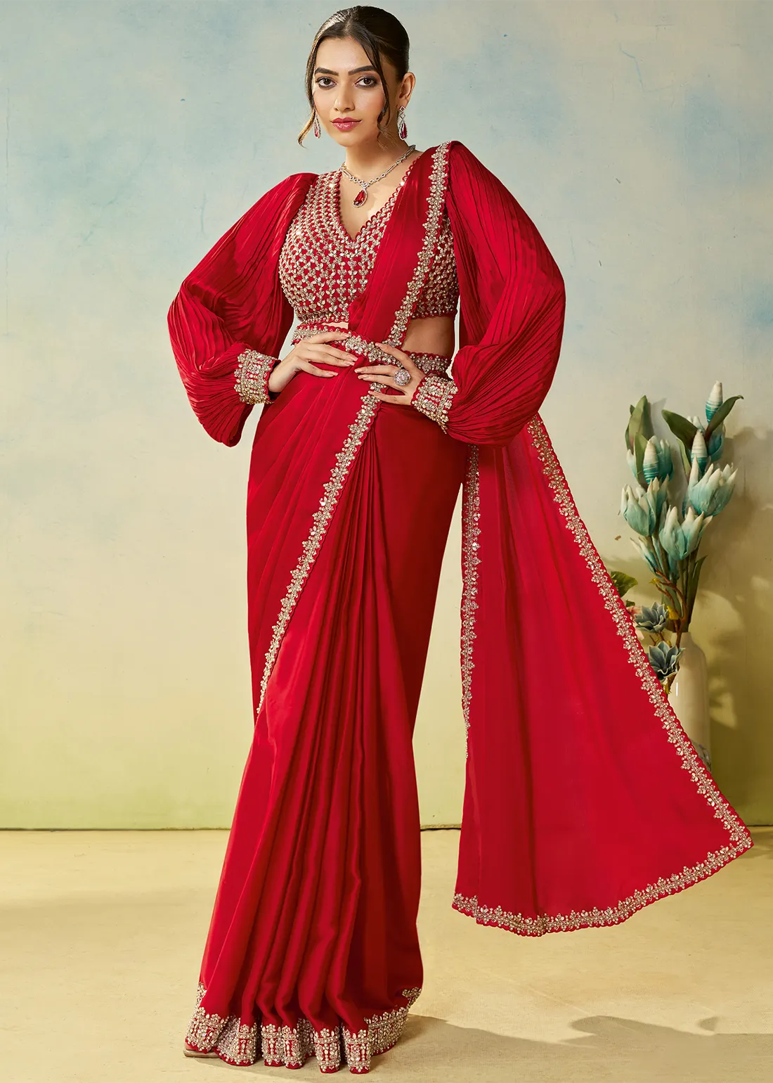 Red Ready to Wear Designer Saree Red Ready to Wear Designer Saree
