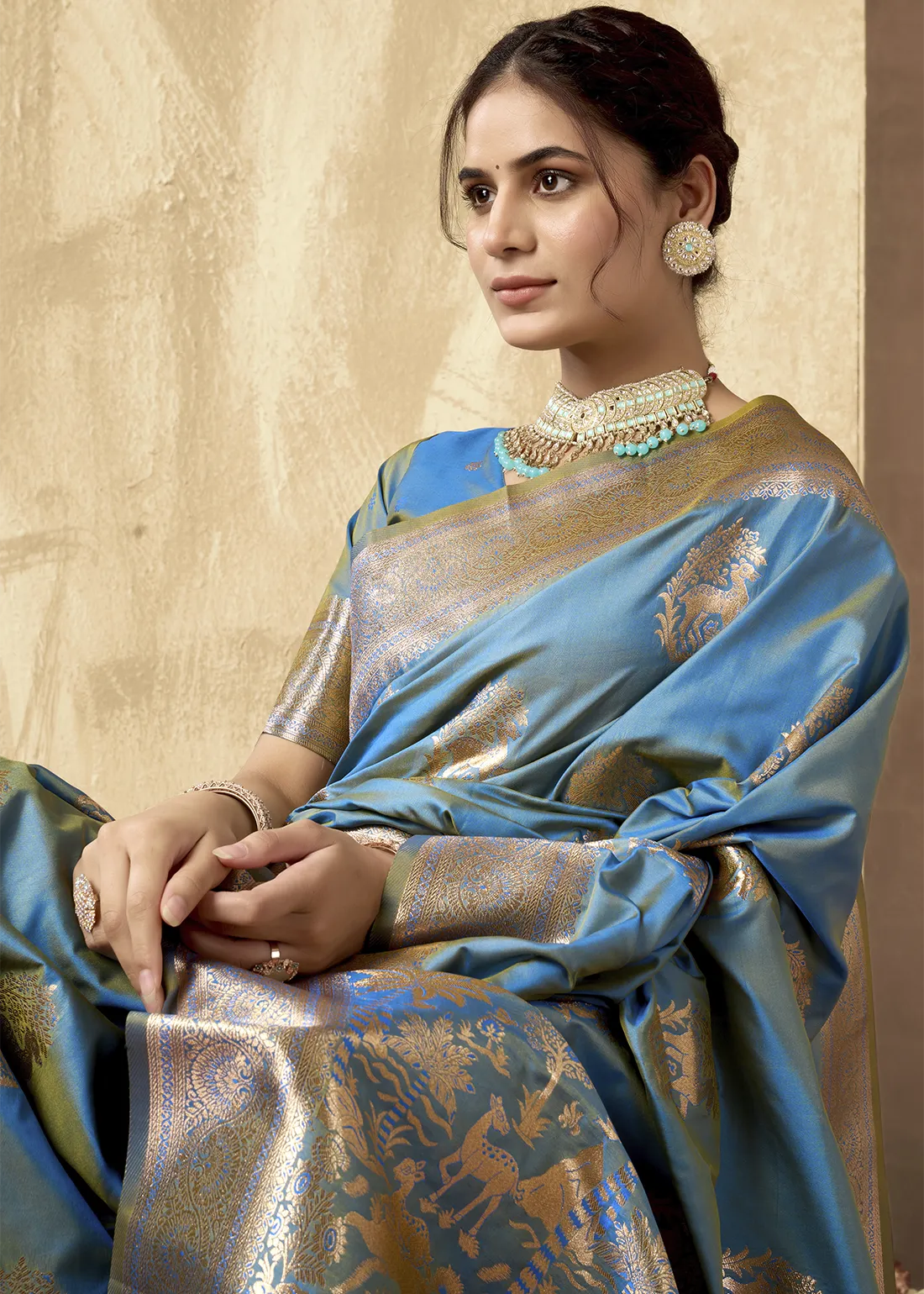 Regal Blue Banarasi Silk Saree with Golden Zari Weaving Regal Blue Banarasi Silk Saree with Golden Zari Weaving