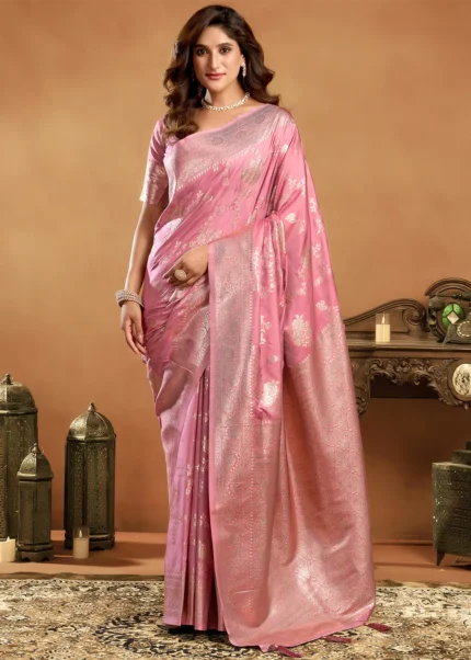 Rose Pink Banarasi Silk Saree with Golden Zari Weaving