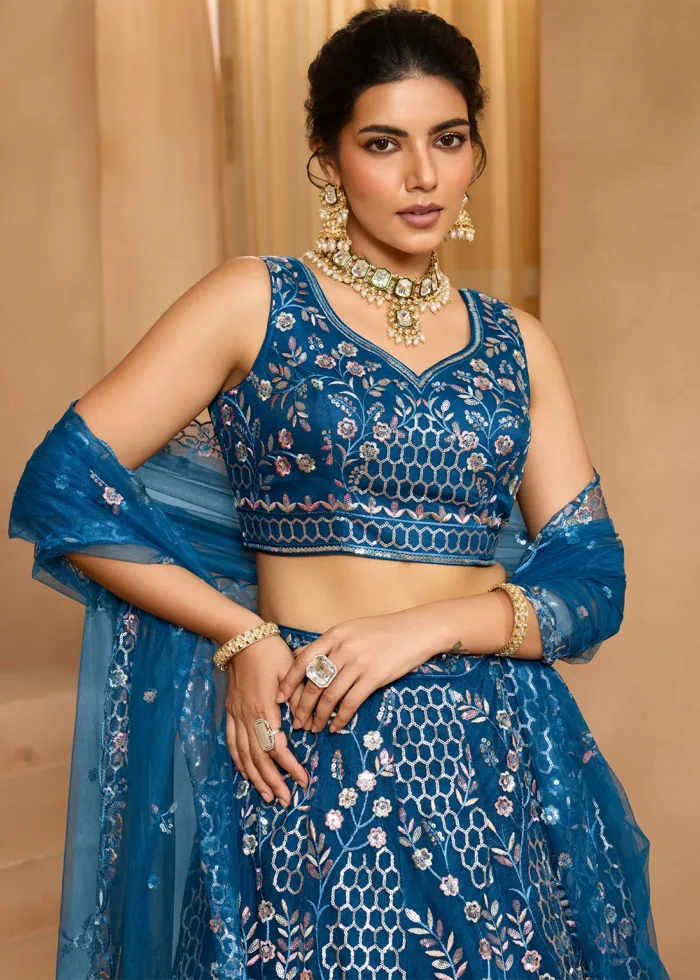 Royal Blue Net Lehenga with Embroidery Work