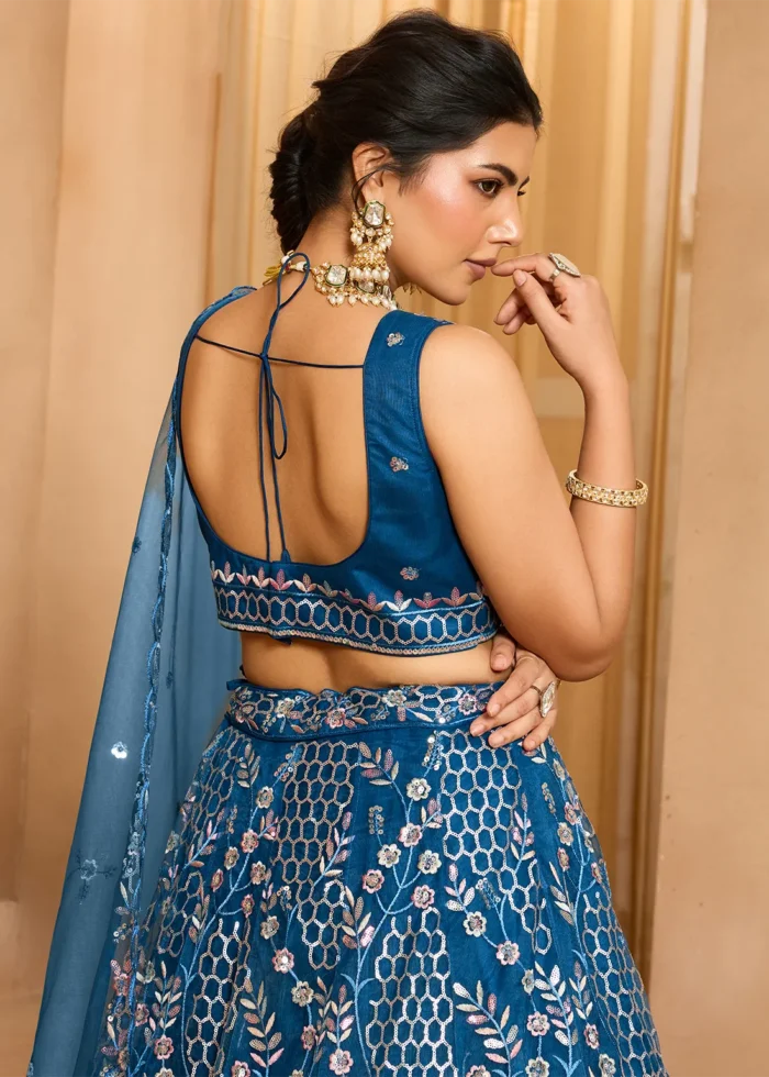 Royal Blue Net Lehenga with Embroidery Work