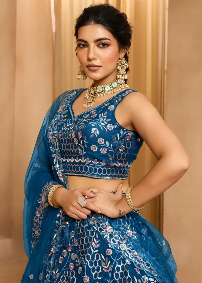 Royal Blue Net Lehenga with Embroidery Work