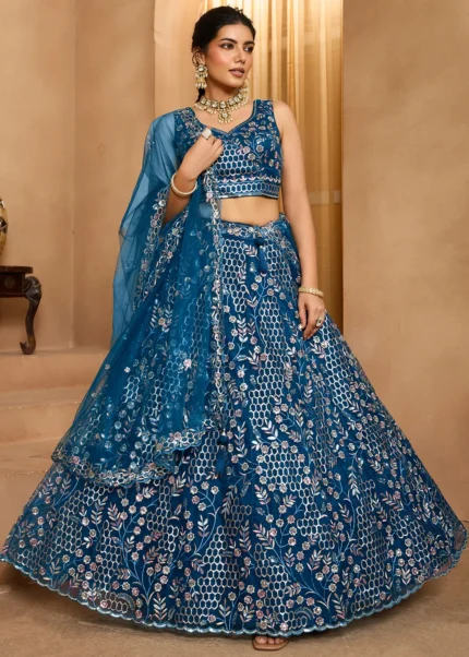 Royal Blue Net Lehenga with Embroidery Work