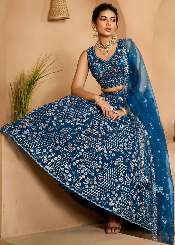 Royal Blue Net Lehenga with Embroidery Work