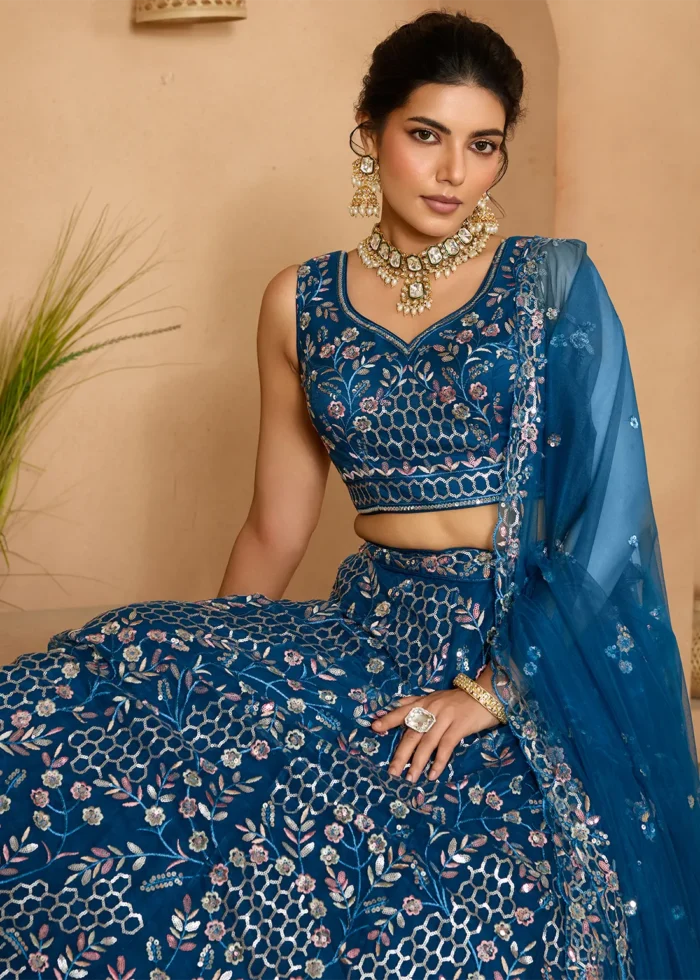Royal Blue Net Lehenga with Embroidery Work