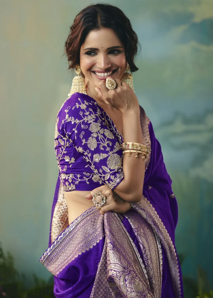 Royal Purple Banarasi Dola Silk Saree with Embroidered Blouse