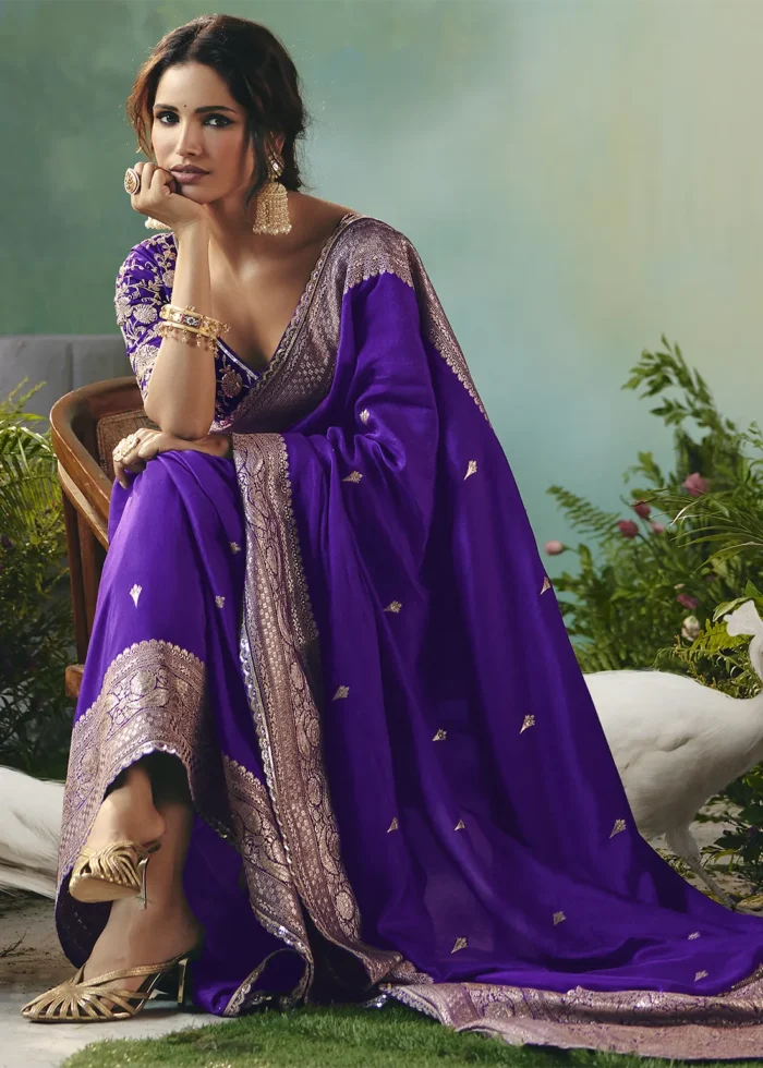 Royal Purple Banarasi Dola Silk Saree with Embroidered Blouse