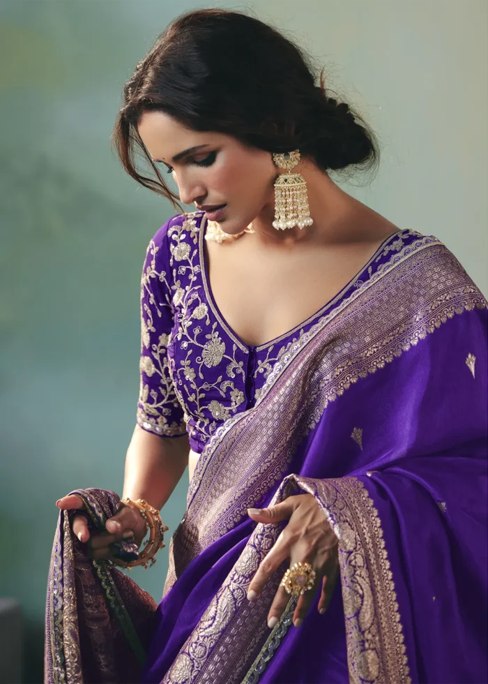 Royal Purple Banarasi Dola Silk Saree with Embroidered Blouse