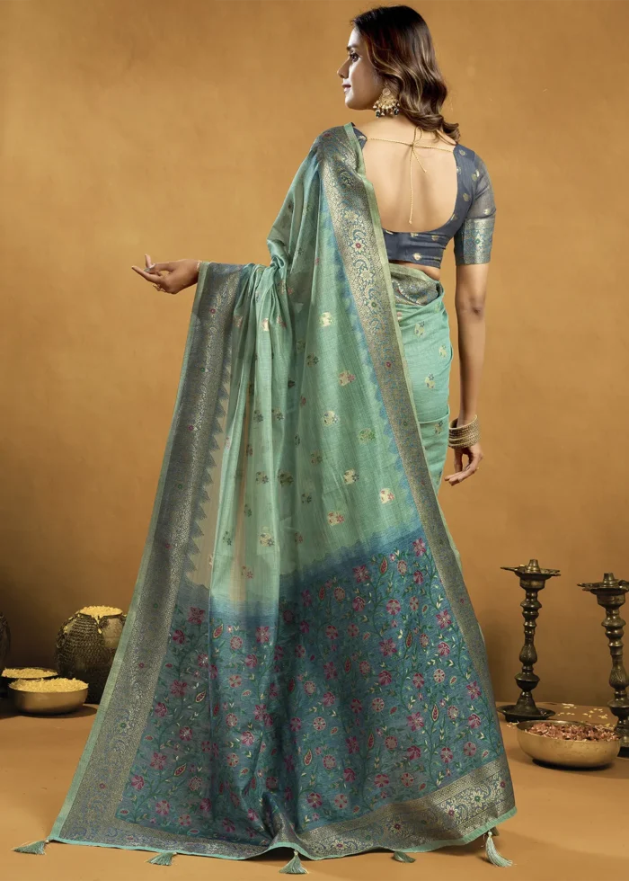 Sea Green Linen Saree with Meenakari & Zari Weaving